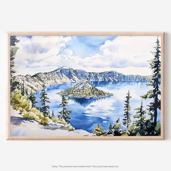Volcanic Crater Lake Island Watercolor Deep Blue Lake Poster