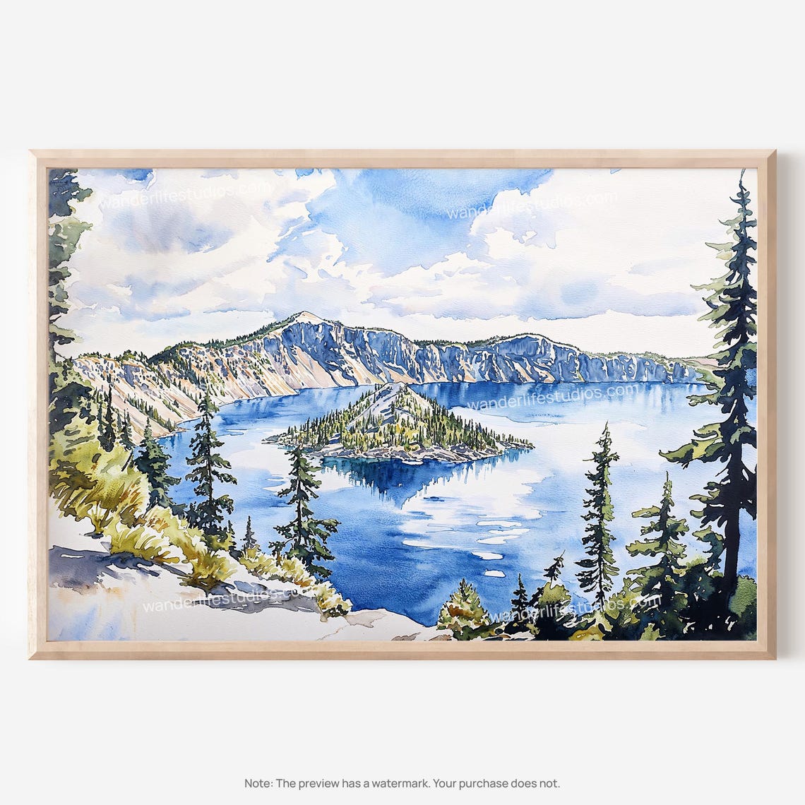 Volcanic Crater Lake Island Watercolor Deep Blue Lake Poster
