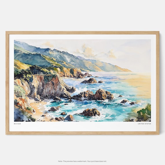 Big Sur California Coastline Sea Cliffs Watercolor Art Poster