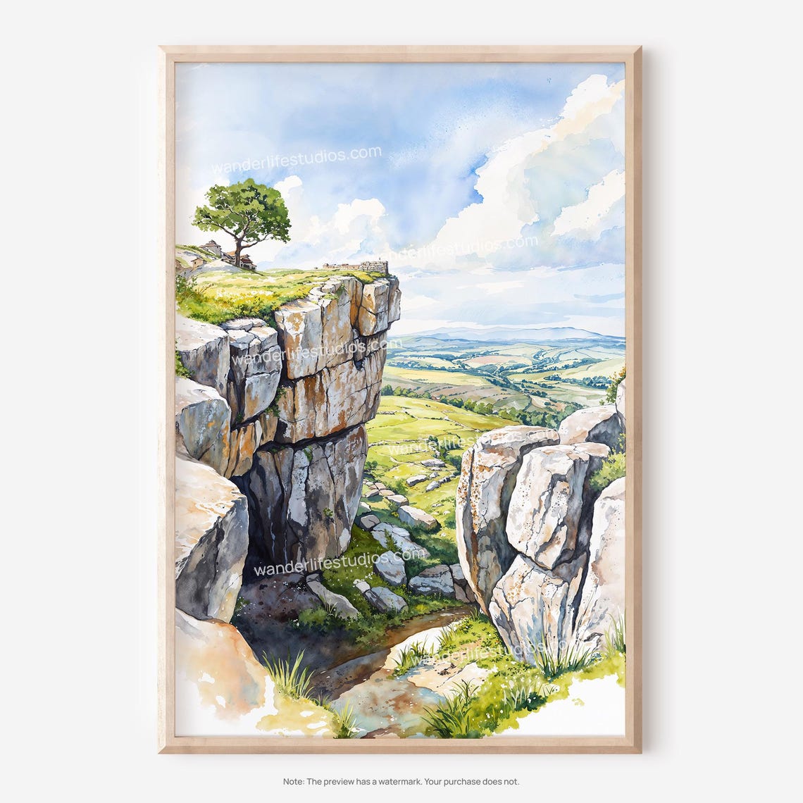 Peak District Limestone Cliffs Watercolor Valley View Poster