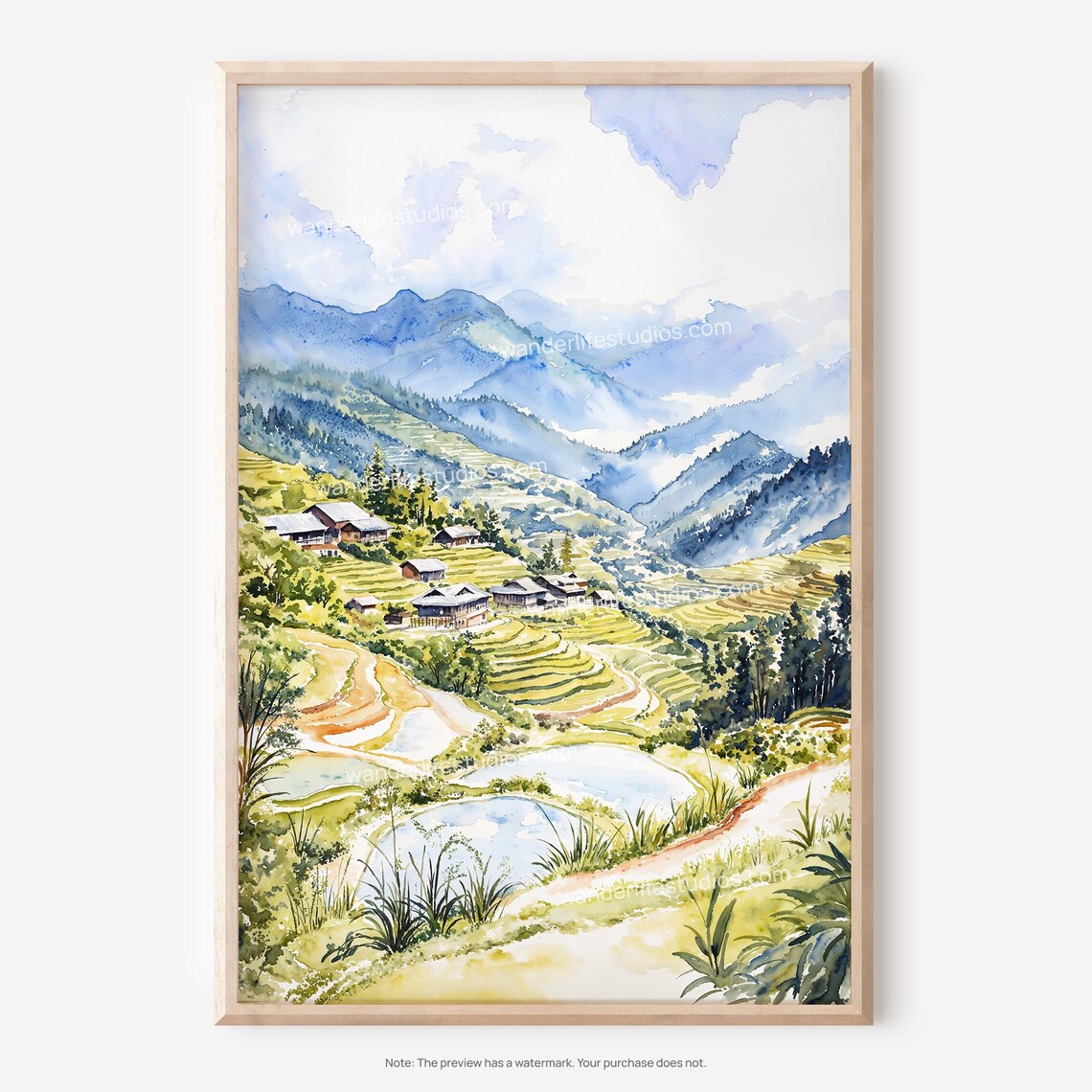 Sapa Vietnam Terraced Rice Fields Watercolor Village Art Poster
