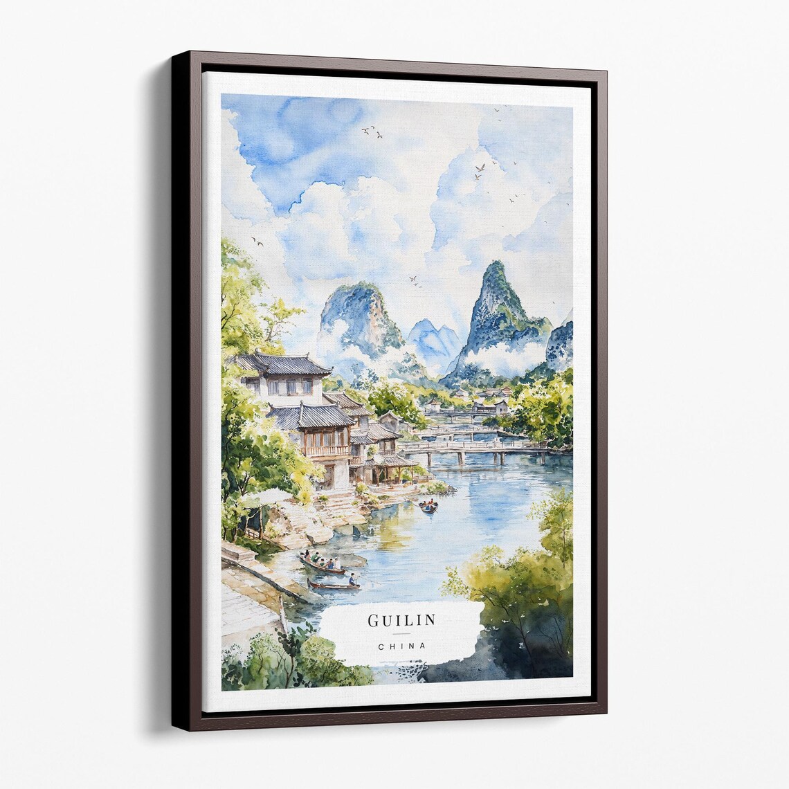 Guilin China Watercolor Karst Mountains River Travel Art Poster