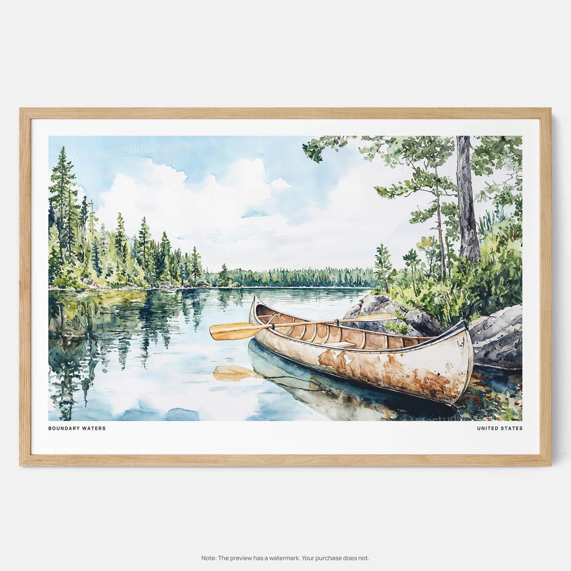 Boundary Waters Watercolor Art Print Canoe Lake Landscape Wall