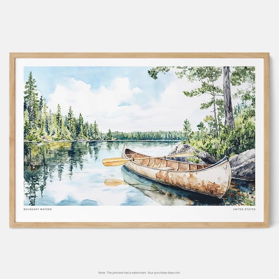 Boundary Waters Canoe Lake Pines Watercolor Travel Art Poster
