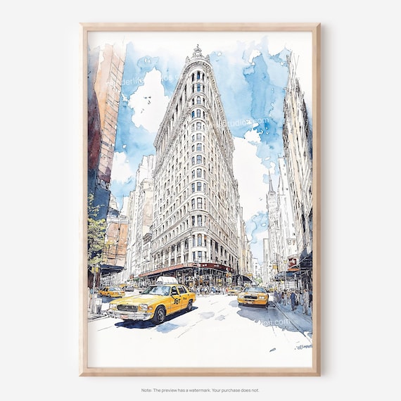 Flatiron Building New York City Watercolor Yellow Taxi Street Poster