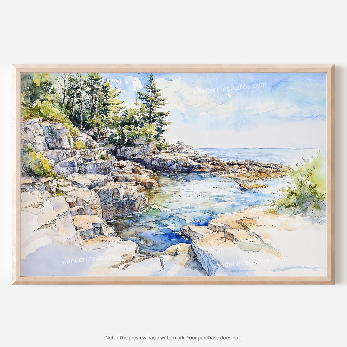Acadia National Park Watercolor Rocky Coast Pine Trees Travel Poster