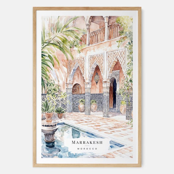 Marrakesh Watercolor Art Print Moroccan Courtyard Wall Morocco Travel Gift Moving New Home Housewarming