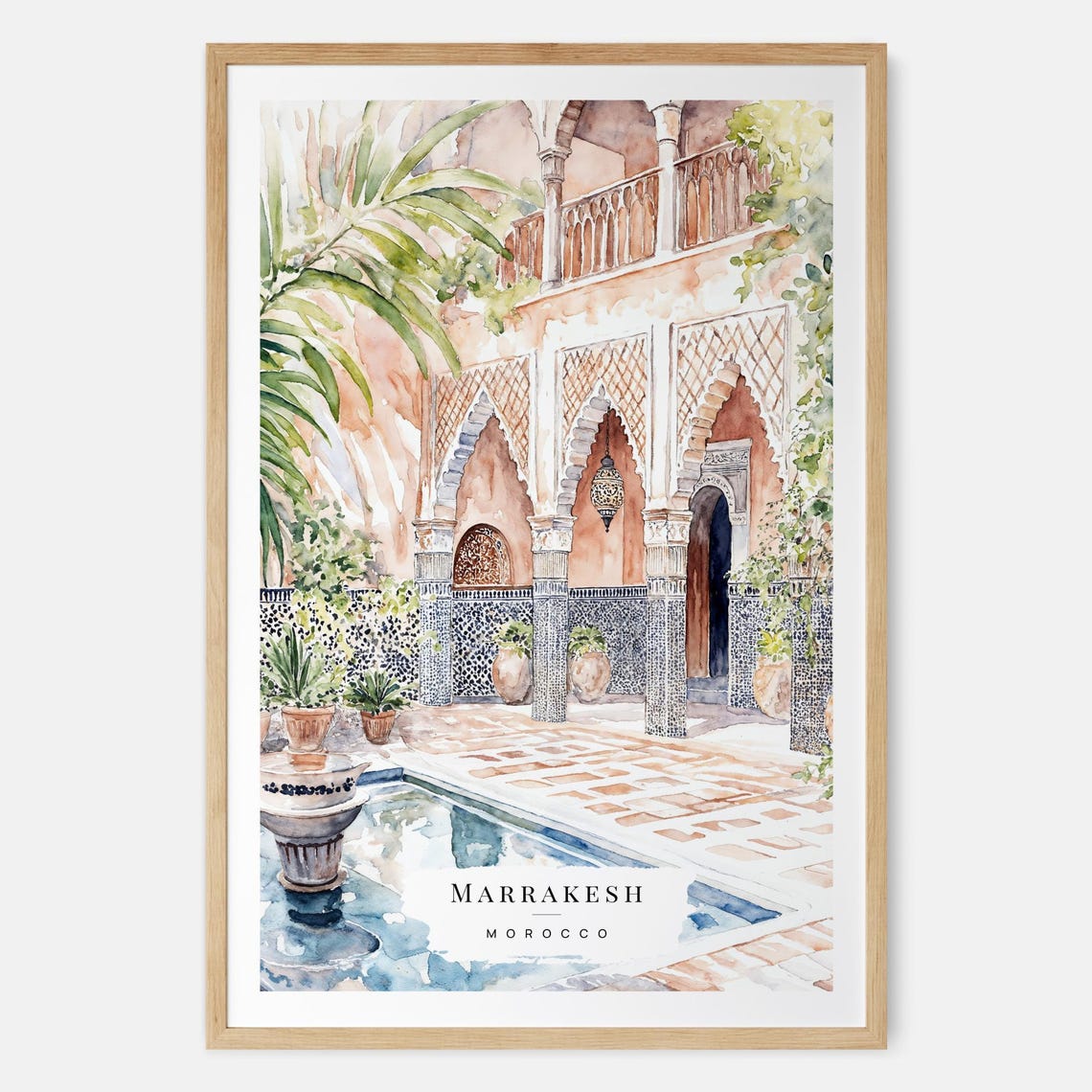 Marrakesh Morocco Riad Courtyard Watercolor Travel Moroccan Poster
