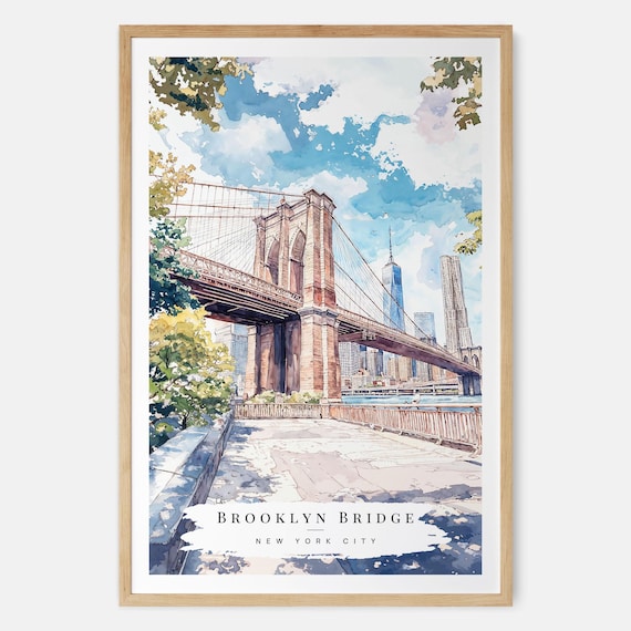 Brooklyn Bridge Watercolor With Manhattan Skyline NYC Travel Poster