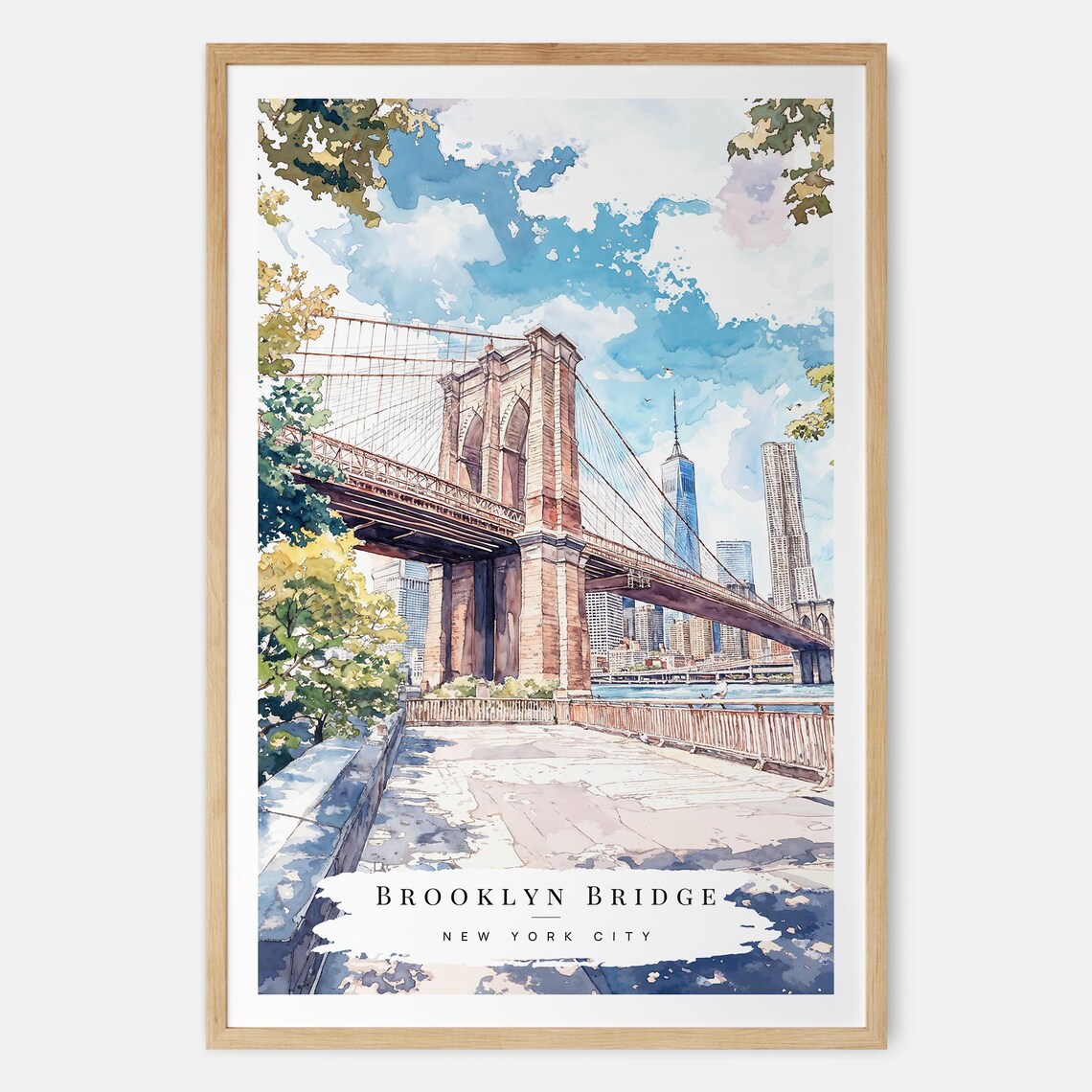 Brooklyn Bridge Watercolor With Manhattan Skyline NYC Travel Poster