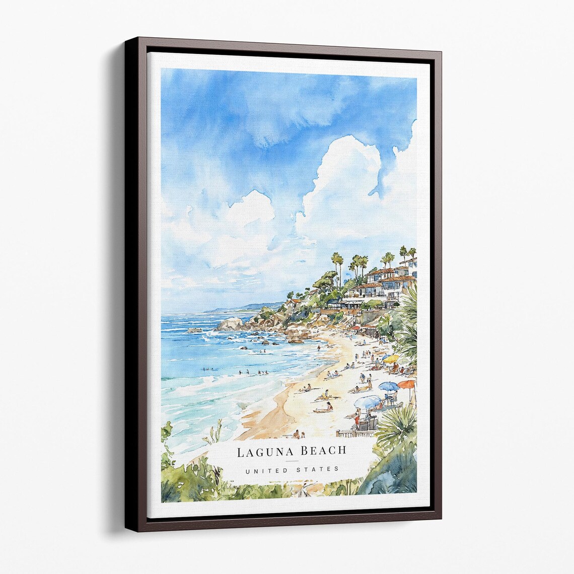 Laguna Beach United States Watercolor Busy Sunny Beach Scene Poster Art