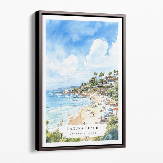 Laguna Beach United States Watercolor Busy Sunny Beach Scene Poster Art