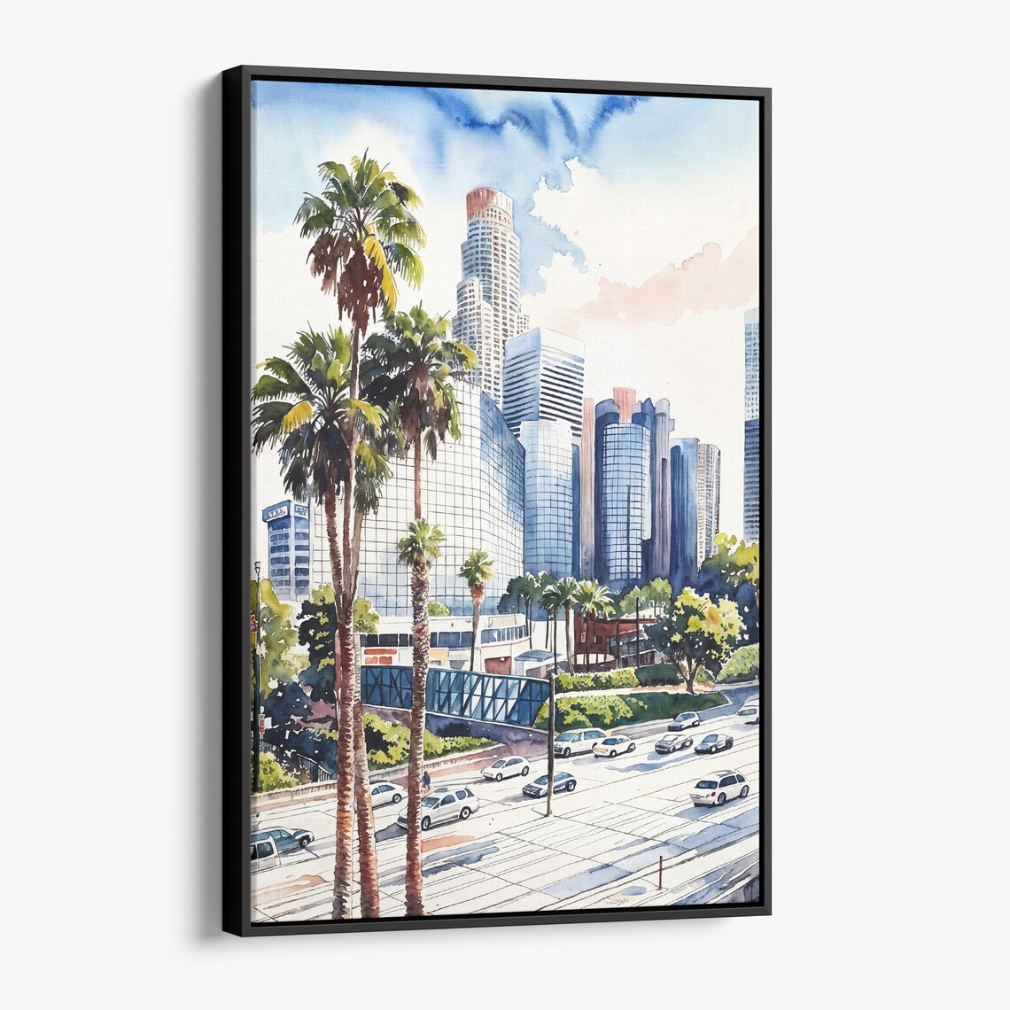 Los Angeles Downtown Skyline Watercolor Palm Tree City Poster
