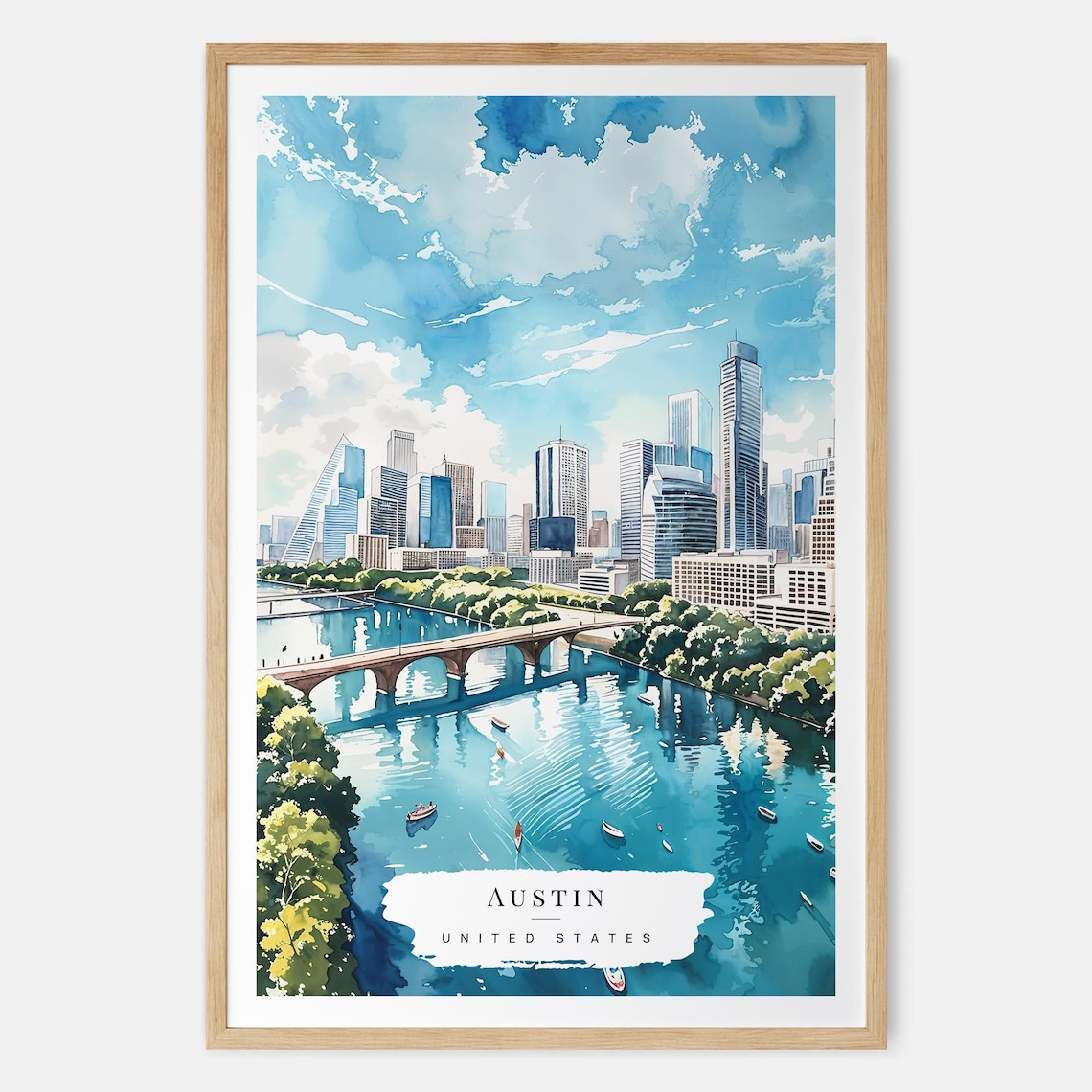 Austin Texas Skyline Watercolor Over Lady Bird Lake Travel Poster