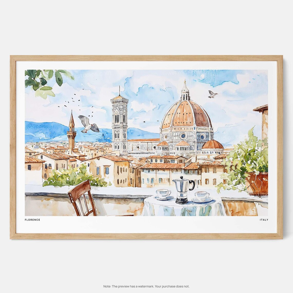 Florence Italy Watercolor Art Print, Cathedral View
