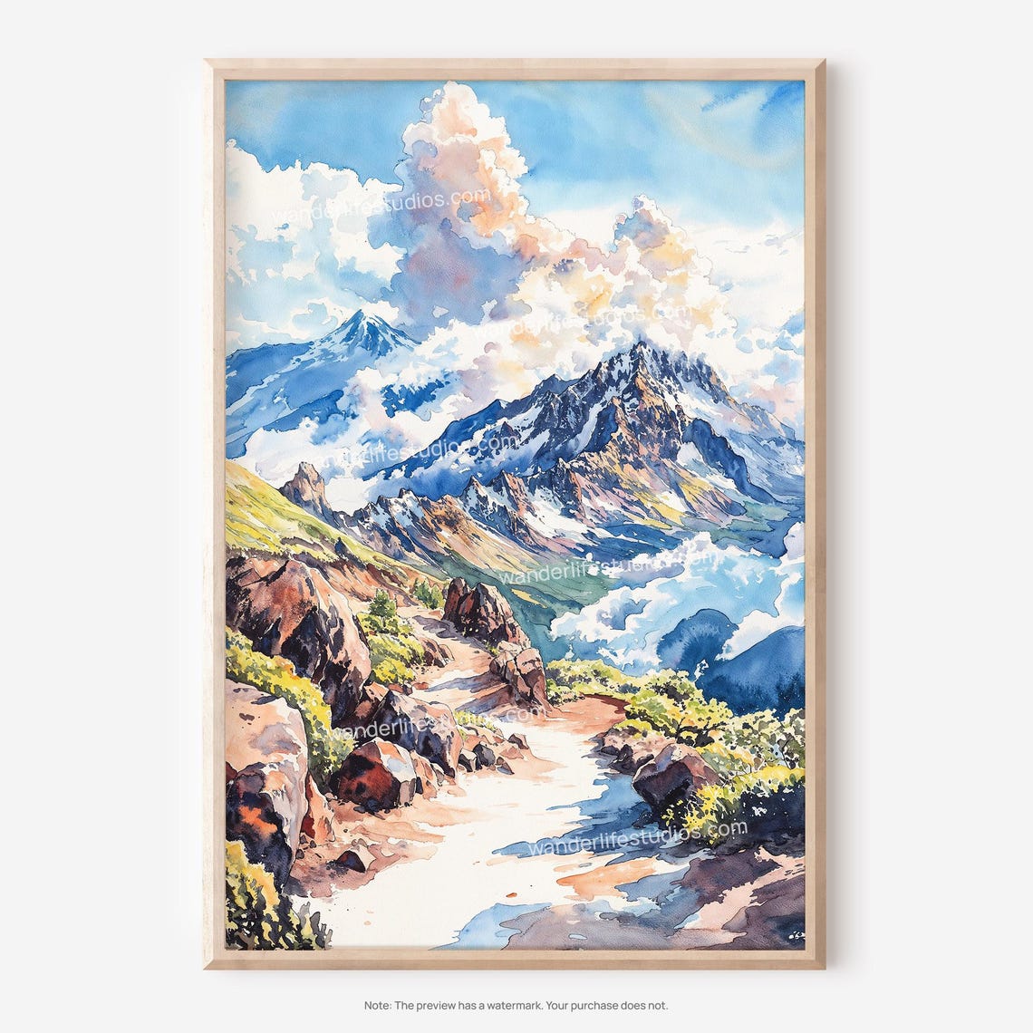 Mountain Trail Watercolor Poster Snowy Peaks Clouds Alpine Hiking Art