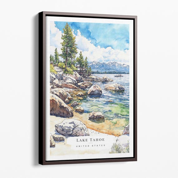 Lake Tahoe Watercolor Canvas Art Print Lakeside Landscape Wall