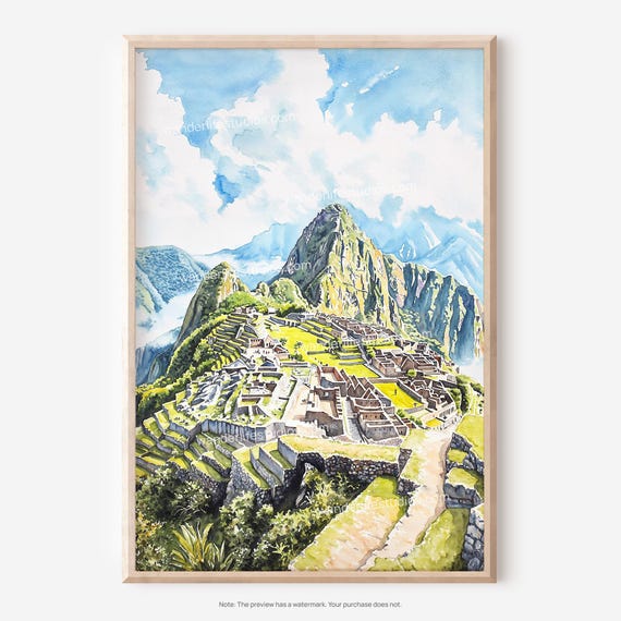 Machu Picchu Wall Art Watercolor Landscape Design