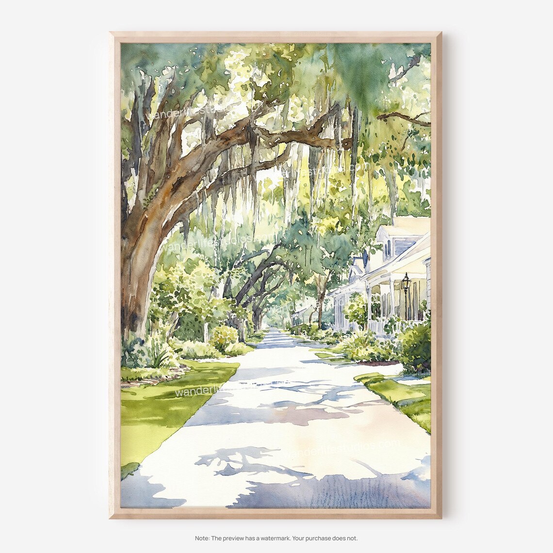 Sunlit Southern Oak Lane Historic Homes Watercolor Street Scene Poster