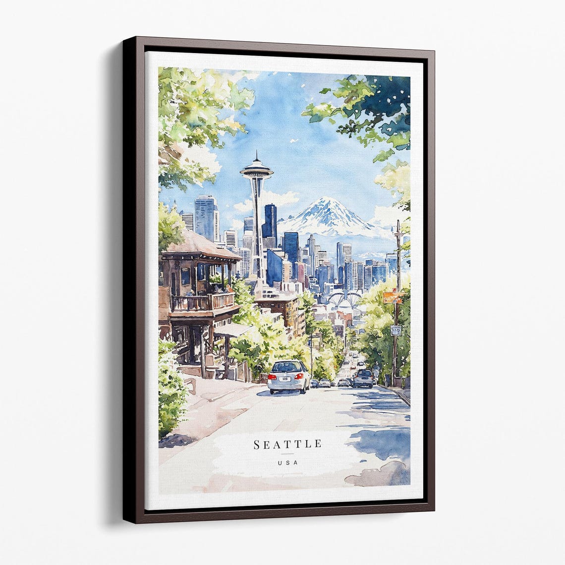 Seattle Space Needle Mount Rainier Watercolor Cityscape Poster