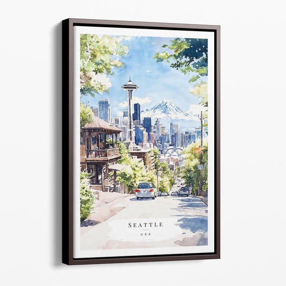 Seattle Space Needle Canvas Art Print Watercolor Urban Landscape Wall