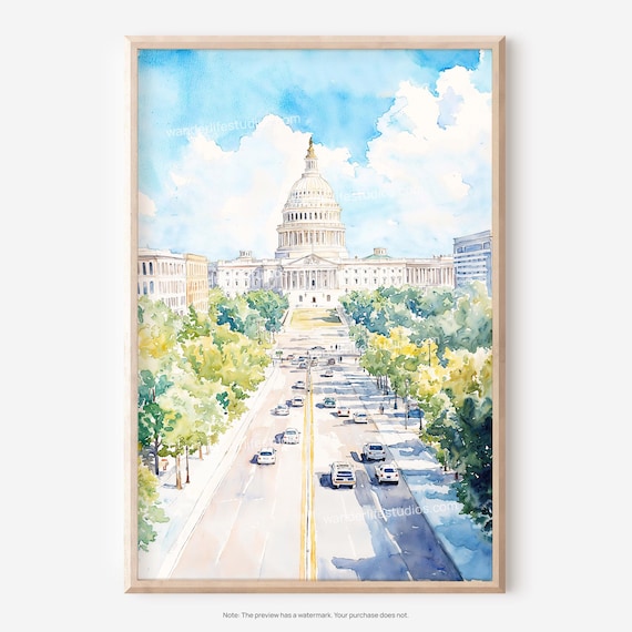 US Capitol Building Washington DC Street Landmark Watercolor Poster