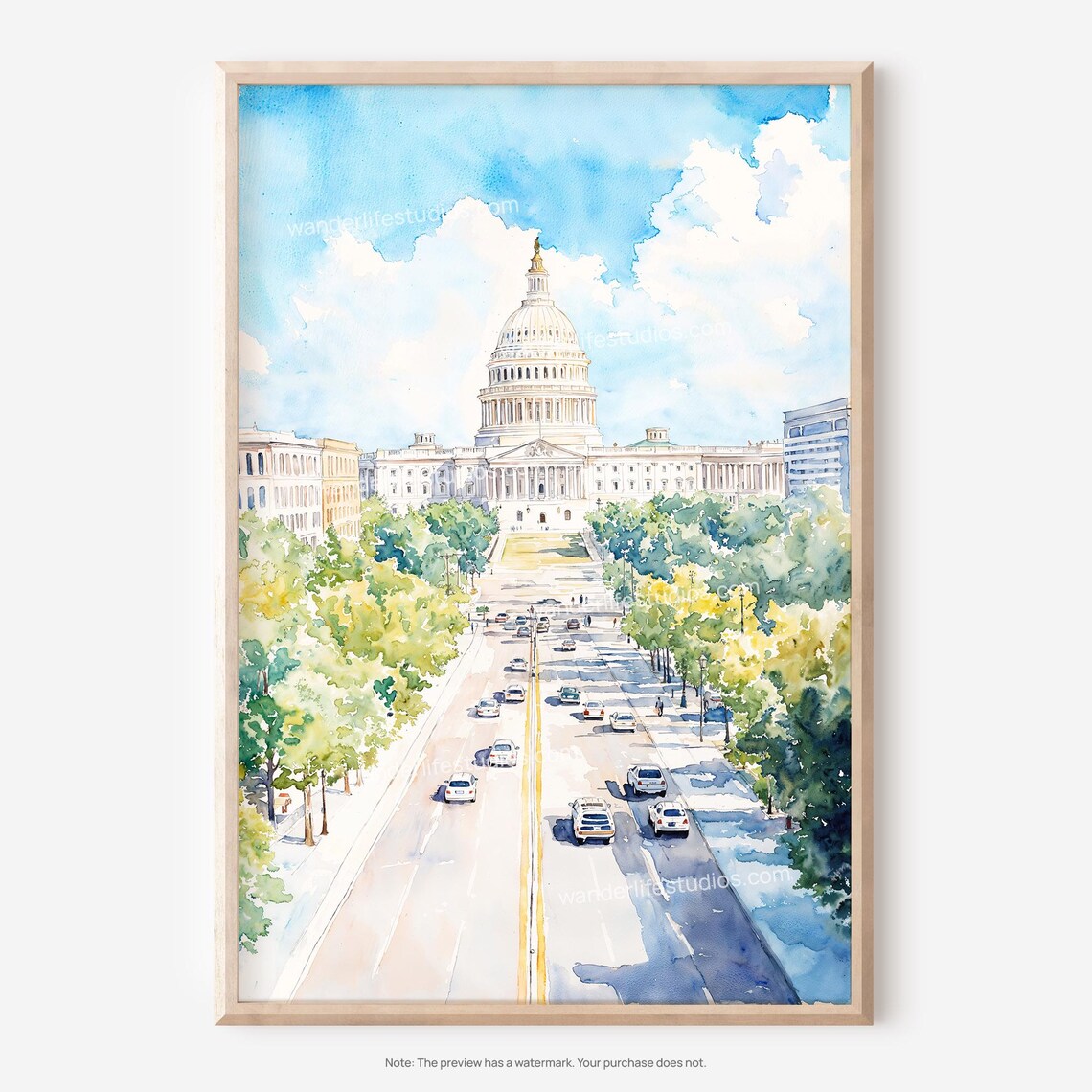 US Capitol Building Washington DC Street Landmark Watercolor Poster