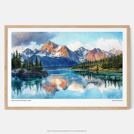 Lake Clark National Park Watercolor Alaska Mountain Reflection Poster