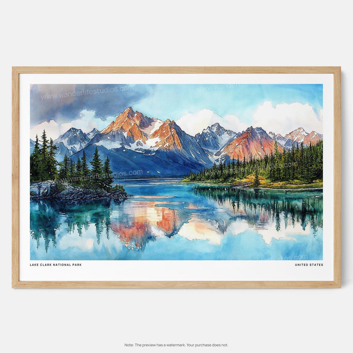 Lake Clark National Park Watercolor Alaska Mountain Reflection Poster
