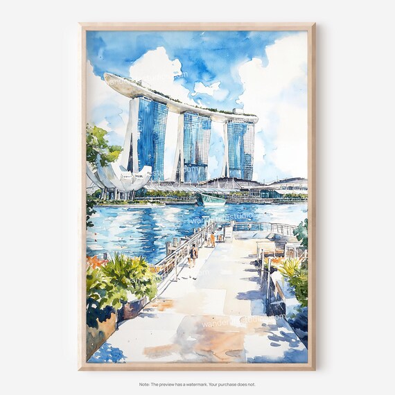 Singapore Skyline Wall Art Watercolor For Home Decor