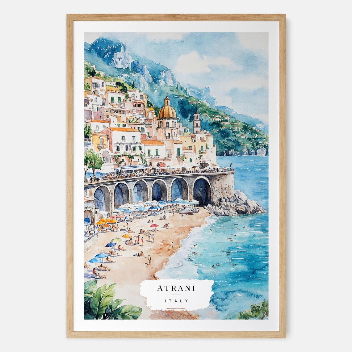Atrani Italy Watercolor Coastal Town Beach Umbrellas Travel Art Poster