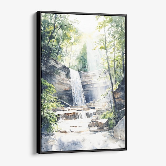 Forest Waterfall Watercolor Sunlit Cliffs Cascading Falls Nature Poster