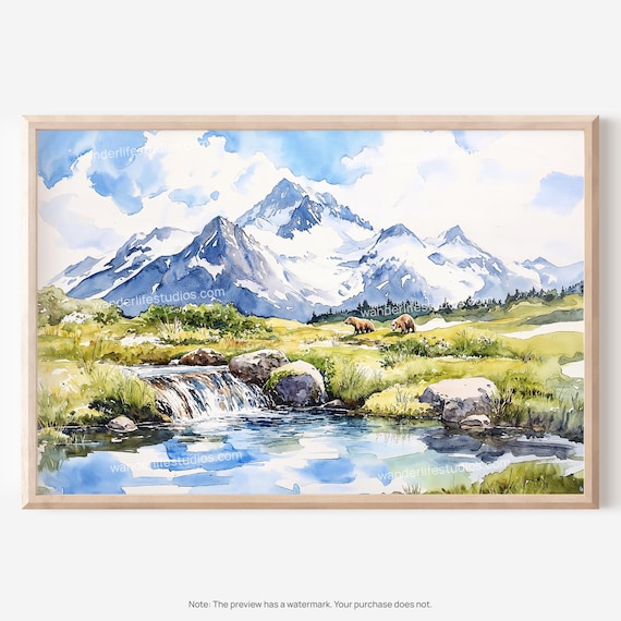 Katmai National Park Watercolor Brown Bears Mountain Stream Poster