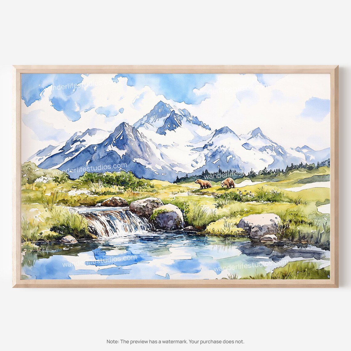 Katmai National Park Watercolor Brown Bears Mountain Stream Poster