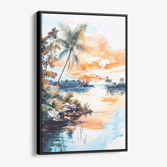 Biscayne Bay Tropical Sunset Palm Watercolor Coastal Scene Poster
