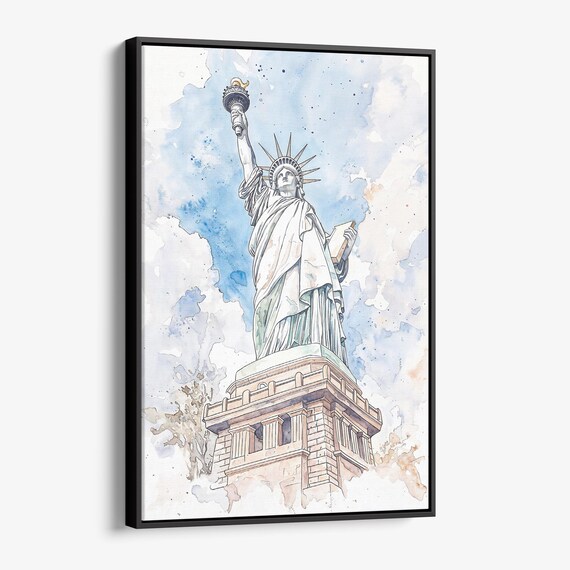 Statue of Liberty Watercolor New York Blue Sky Landmark Poster