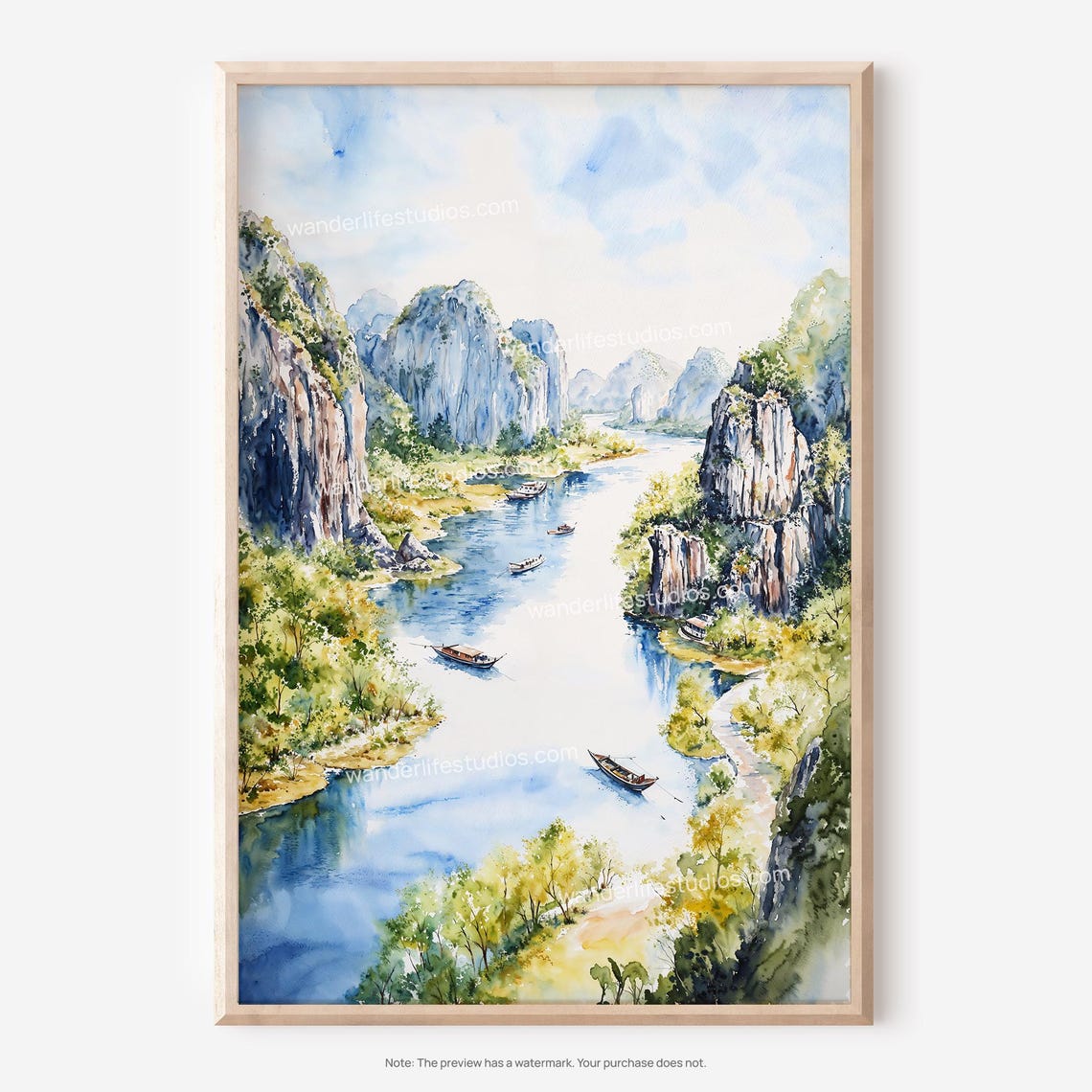 Ninh Binh Vietnam River Karst Boats Watercolor Travel Poster