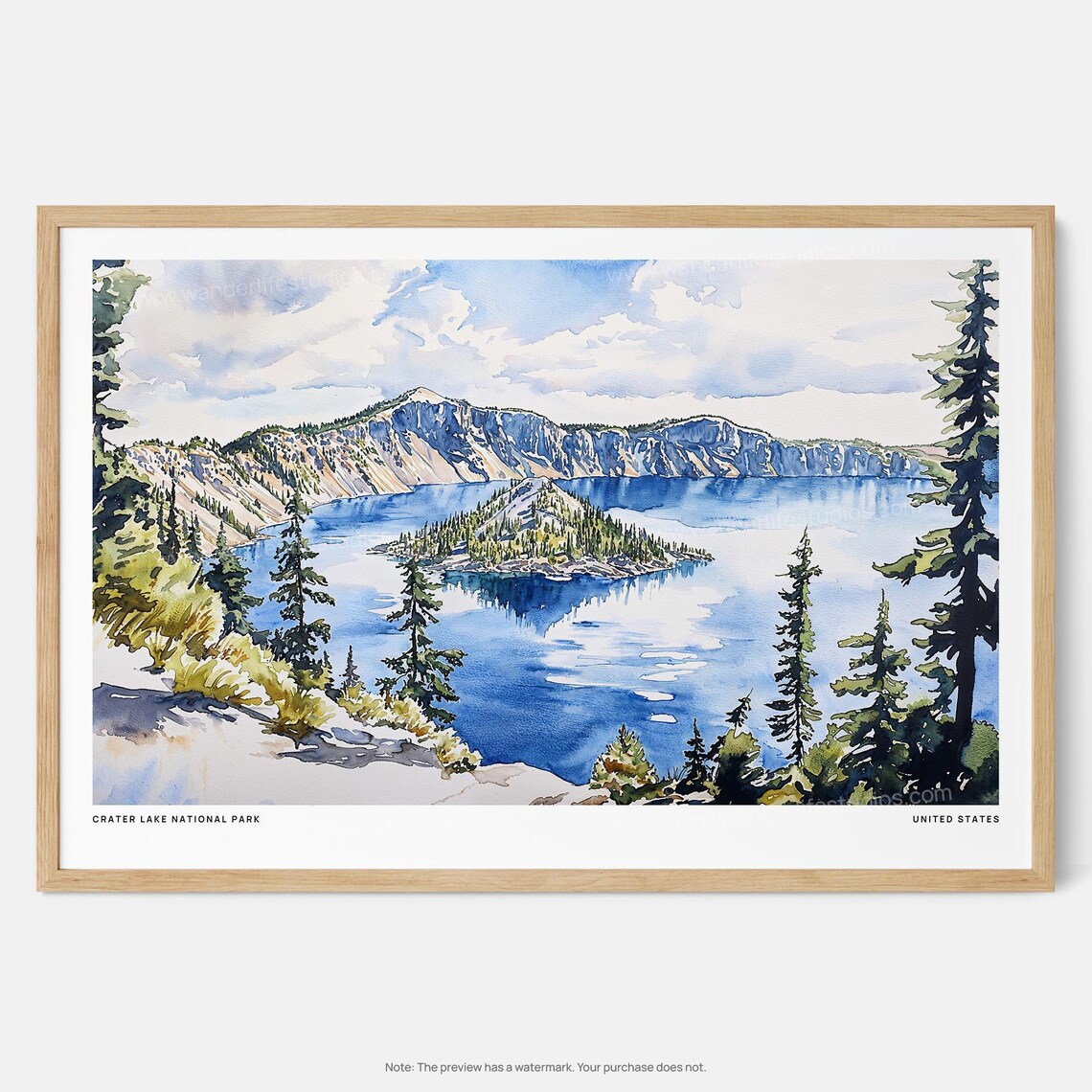 Crater Lake National Park Wizard Island Watercolor Travel Poster