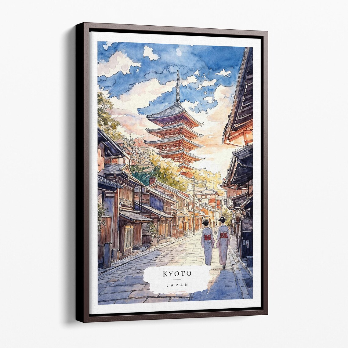 Kyoto Japan Pagoda Cobblestone Street Kimono Sunset Watercolor Poster