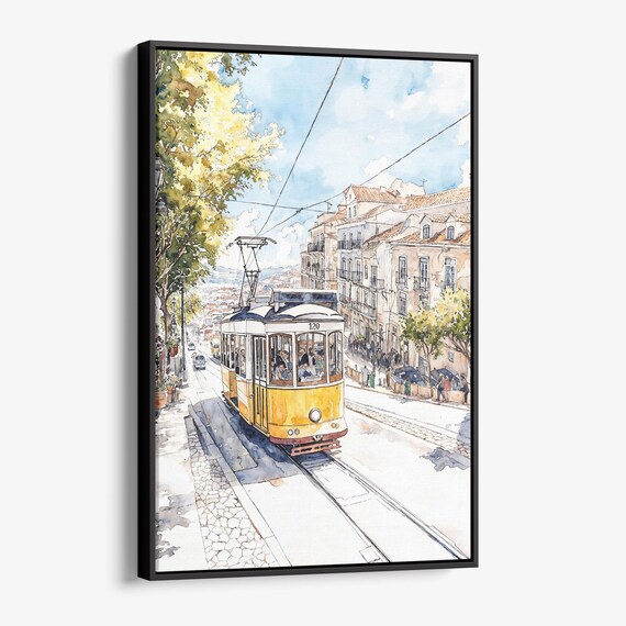 Lisbon Tram Canvas Print Watercolor Cityscape Wall Art