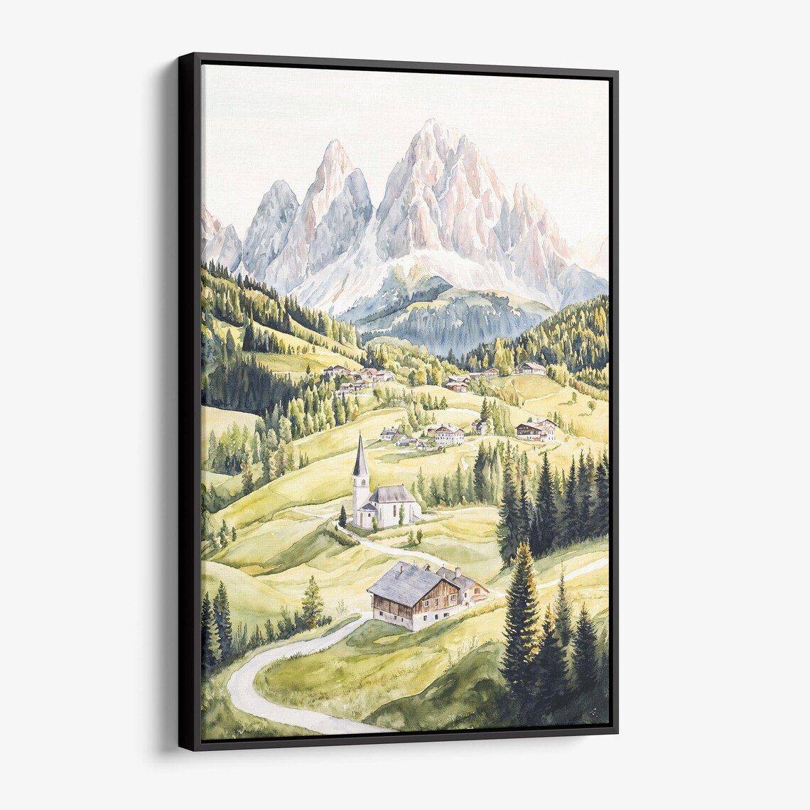 Dolomites Alpine Village Watercolor Poster with Church and Peaks