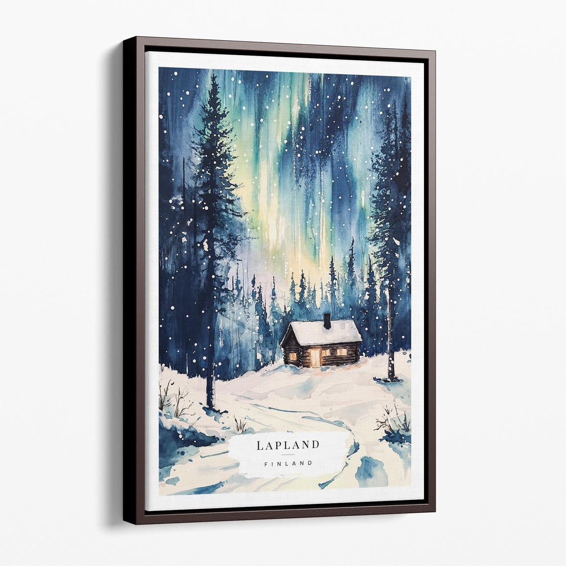 Lapland Finland Northern Lights Snowy Cabin Watercolor Poster