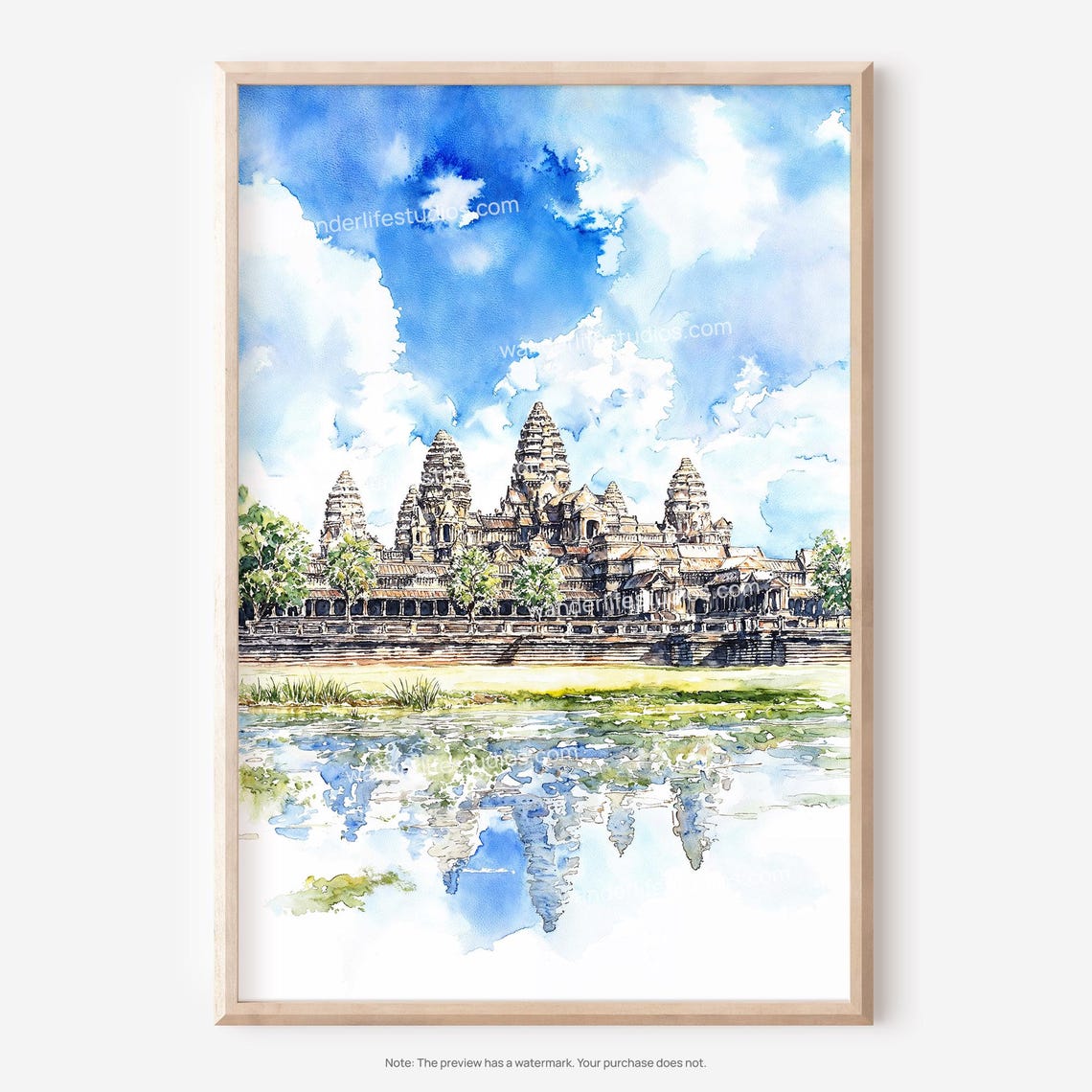 Angkor Wat Temple Watercolor Sky Reflection Landscape Art Poster