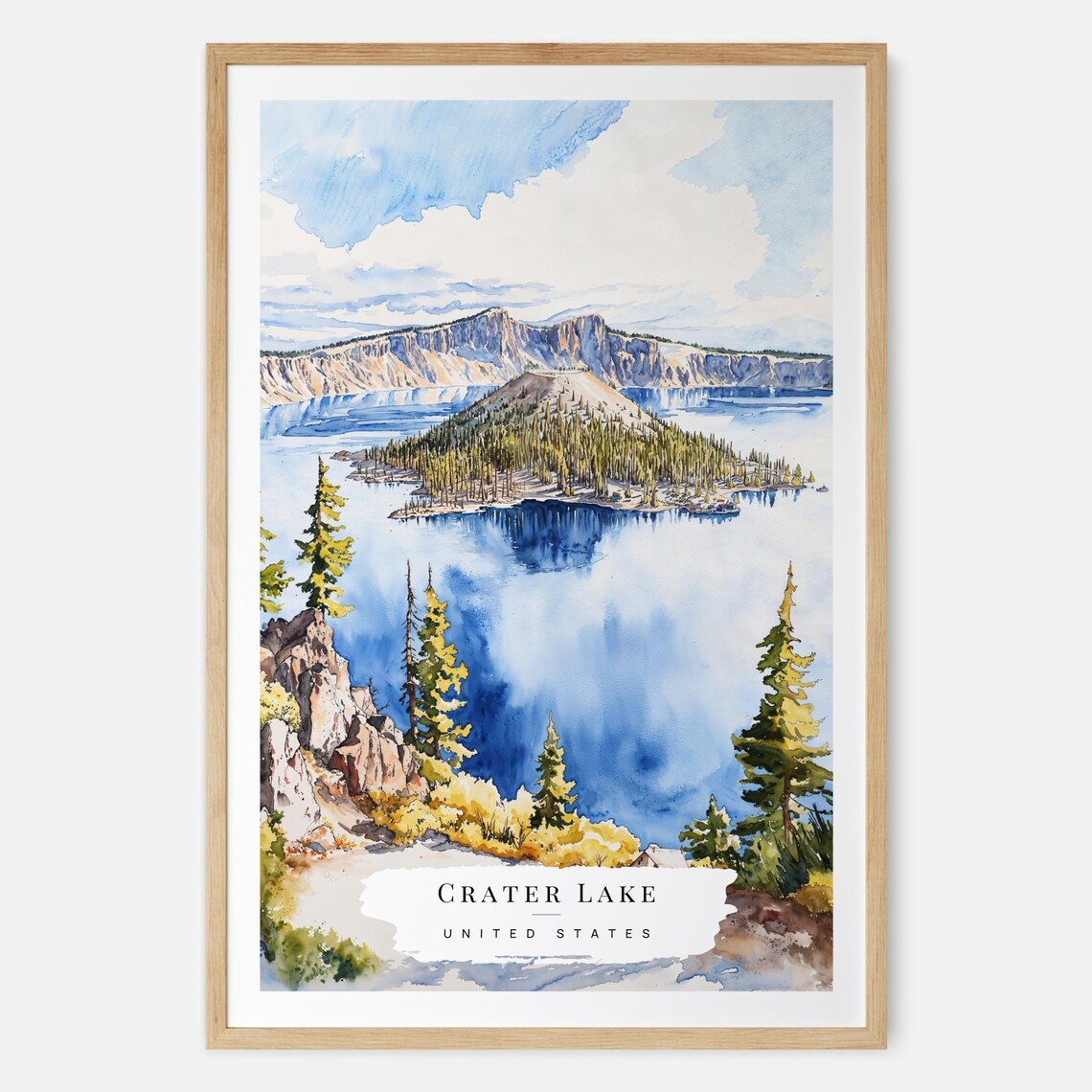 Crater Lake Watercolor Island Blue Lake United States Travel Poster