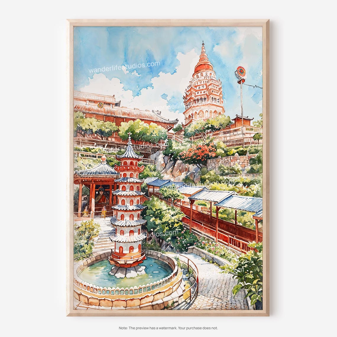 Penang Malaysia Temple Pagoda Watercolor Landmark Painting Print