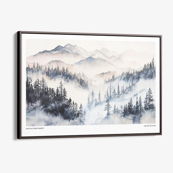 Pacific Northwest Watercolor Canvas Print Mountain Landscape Wall Art