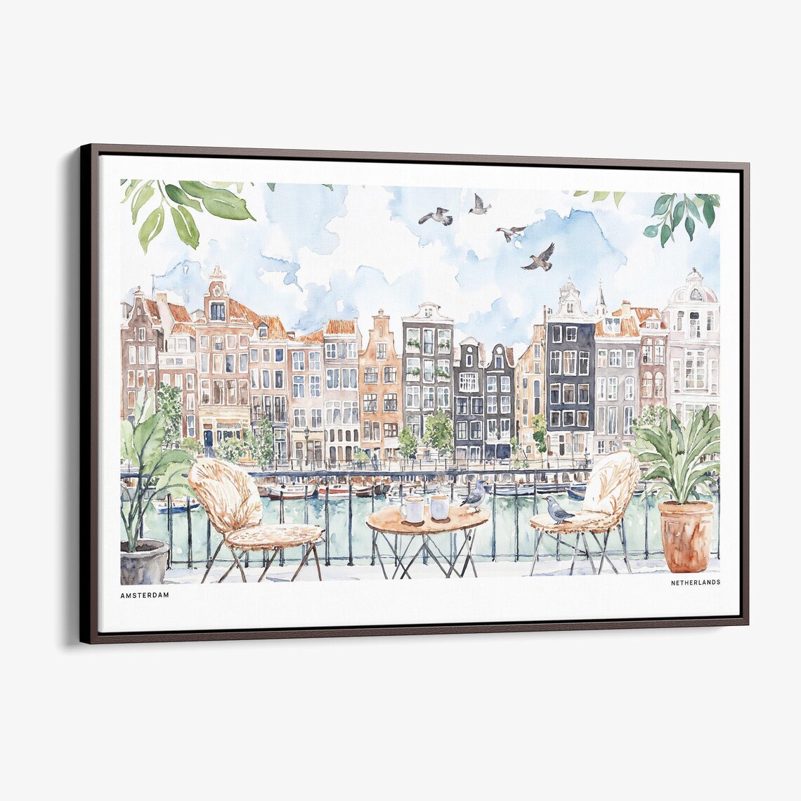 Amsterdam Canal Cityscape Watercolor Cafe Terrace View Poster