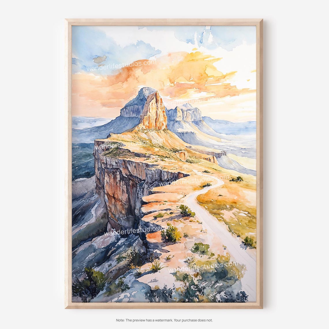 Desert Mesa Cliff Sunset Golden Watercolor Landscape Art Poster