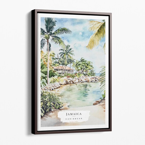Jamaica Caribbean Cove Watercolor Palms Villa Tropical Beach Travel Poster