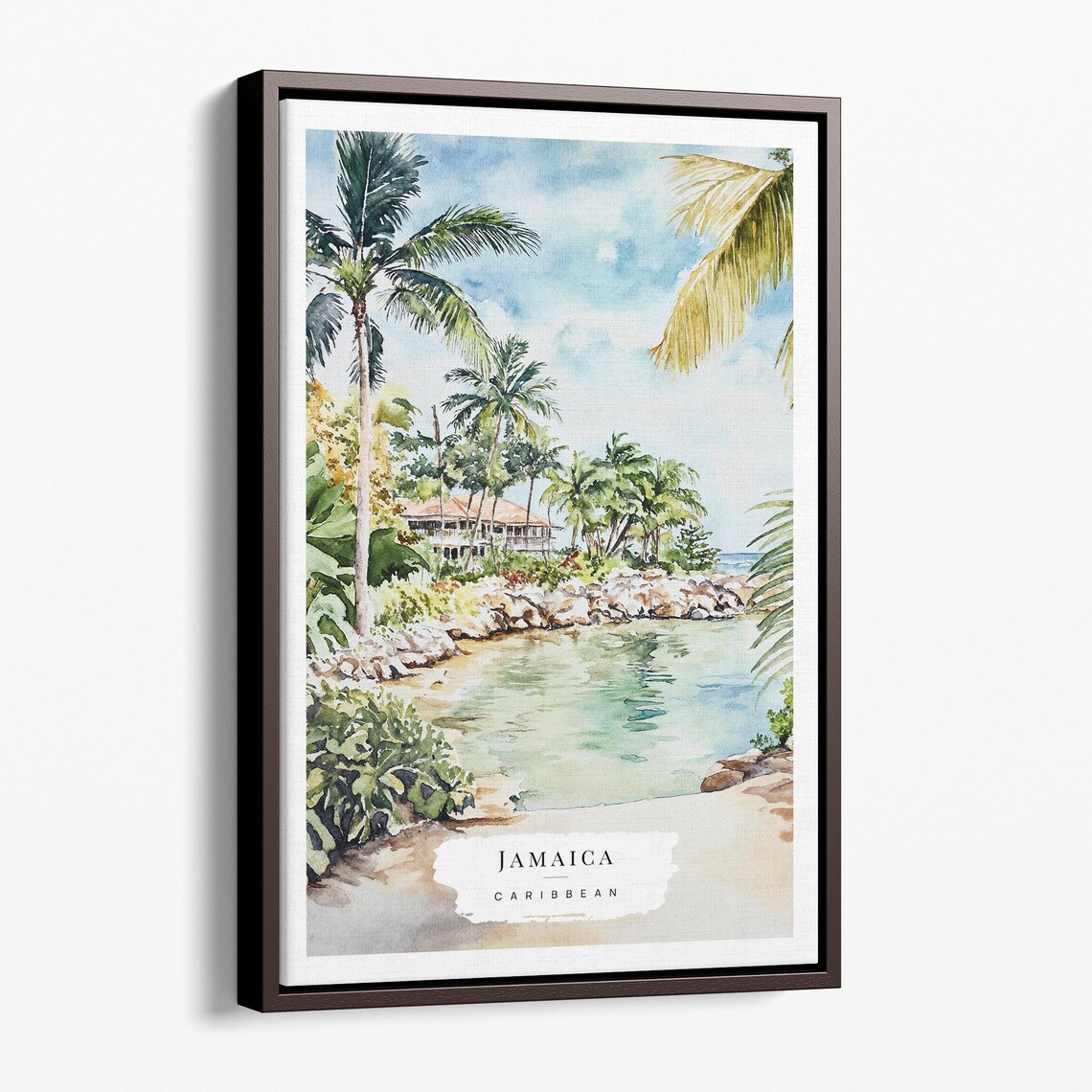 Jamaica Caribbean Cove Watercolor Palms Villa Tropical Beach Travel Poster
